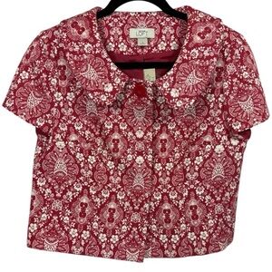 LOFT Quilted Red Floral Print Cropped Button Up Short Sleeve Jacket Size 4